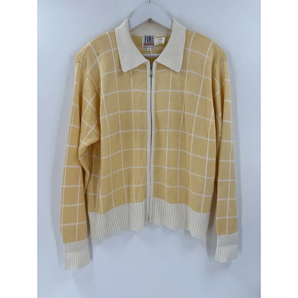 FIA Italia Vintage Knit Jacket Womens XL Yellow White Windowpane Full Zip Collar - Picture 1 of 16
